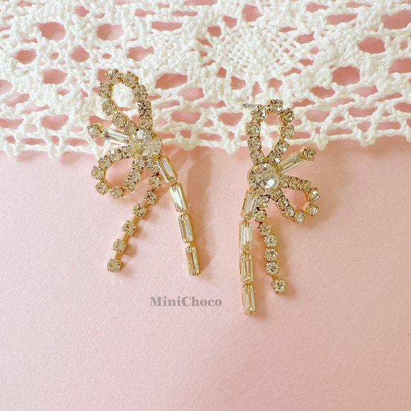 Gold Tone Lovely CZ  Bow Knot Earrings - Picture 1 of 6